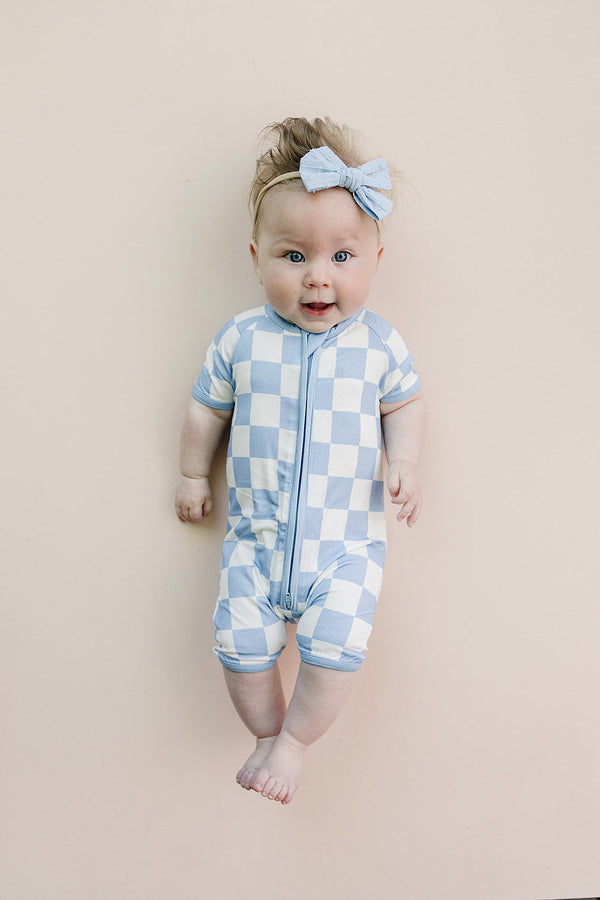 Bamboo Shorty Romper | Blue Checkered
