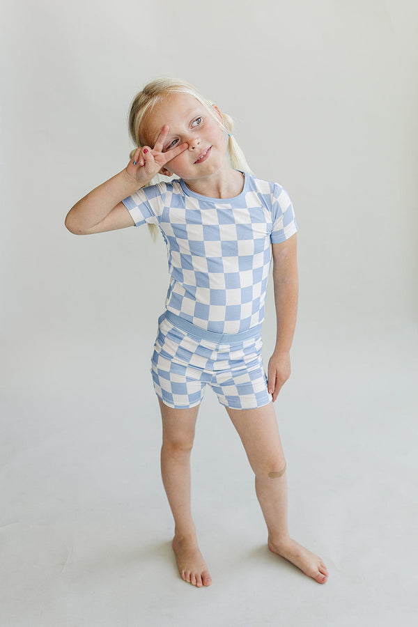 Bamboo Two Piece Shorts Set | Blue Checkered - MOOGCO Baby