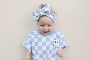 Short Sleeve Bubble Romper | Checkered Smiley Blue
