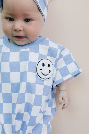 Short Sleeve Bubble Romper | Checkered Smiley Blue