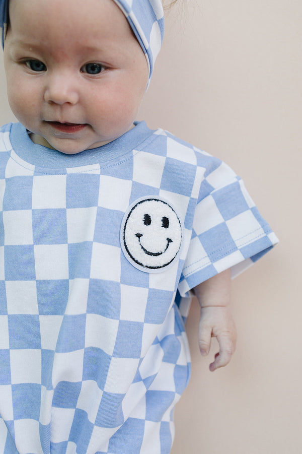 Short Sleeve Bubble Romper | Checkered Smiley Blue