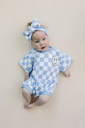 Short Sleeve Bubble Romper | Checkered Smiley Blue