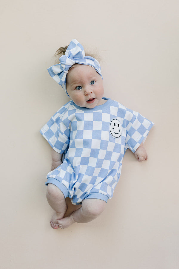 Short Sleeve Bubble Romper | Checkered Smiley Blue