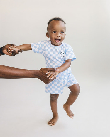 Blue checkered shorts set for babies, perfect for stylish summer outfits.