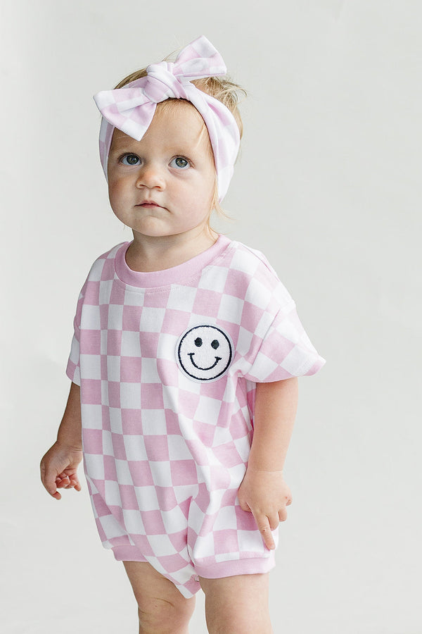 Short Sleeve Bubble Romper | Checkered Smiley Pink