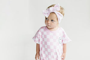 Short Sleeve Bubble Romper | Checkered Smiley Pink