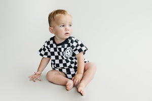 Short Sleeve Bubble Romper | Checkered Smiley Black