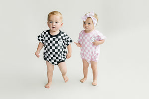 Short Sleeve Bubble Romper | Checkered Smiley Pink
