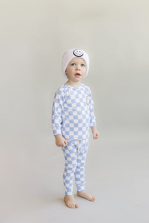 Checkered Smiley Lounge Set | Blue - MOOGCO Baby