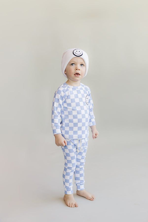 Checkered Smiley Lounge Set | Blue - MOOGCO Baby