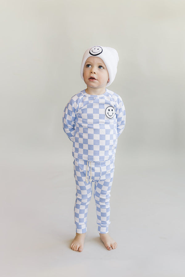 Checkered Smiley Lounge Set | Blue - MOOGCO Baby