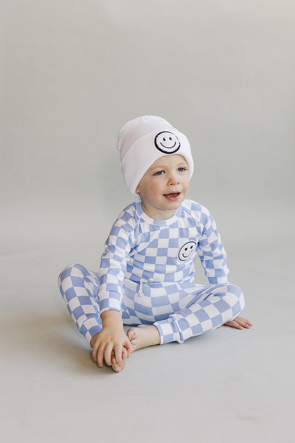 Checkered Smiley Lounge Set | Blue - MOOGCO Baby