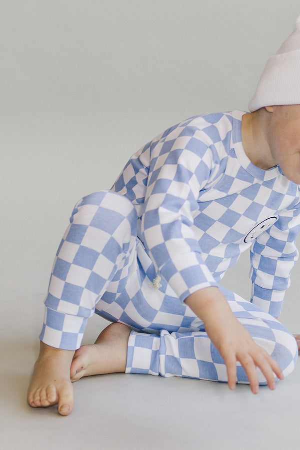 Checkered Smiley Lounge Set | Blue - MOOGCO Baby