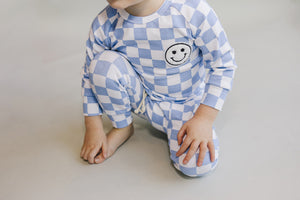 Checkered Smiley Lounge Set | Blue - MOOGCO Baby