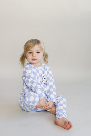 Checkered Smiley Lounge Set | Blue - MOOGCO Baby
