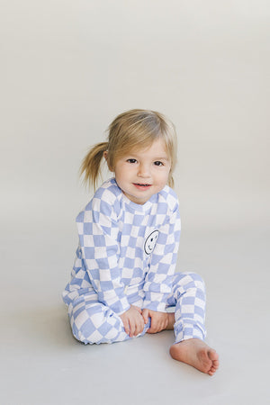 Checkered Smiley Lounge Set | Blue - MOOGCO Baby