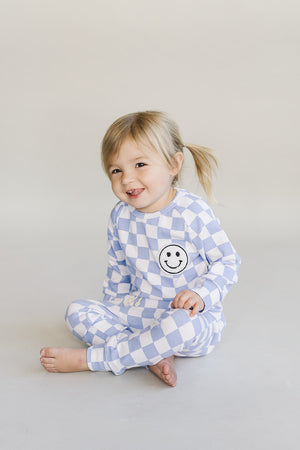Checkered Smiley Lounge Set | Blue - MOOGCO Baby