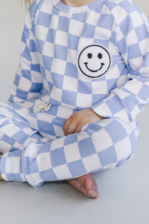 Checkered Smiley Lounge Set | Blue - MOOGCO Baby