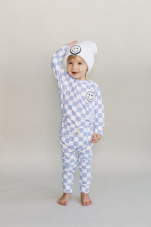 Checkered Smiley Lounge Set | Blue - MOOGCO Baby