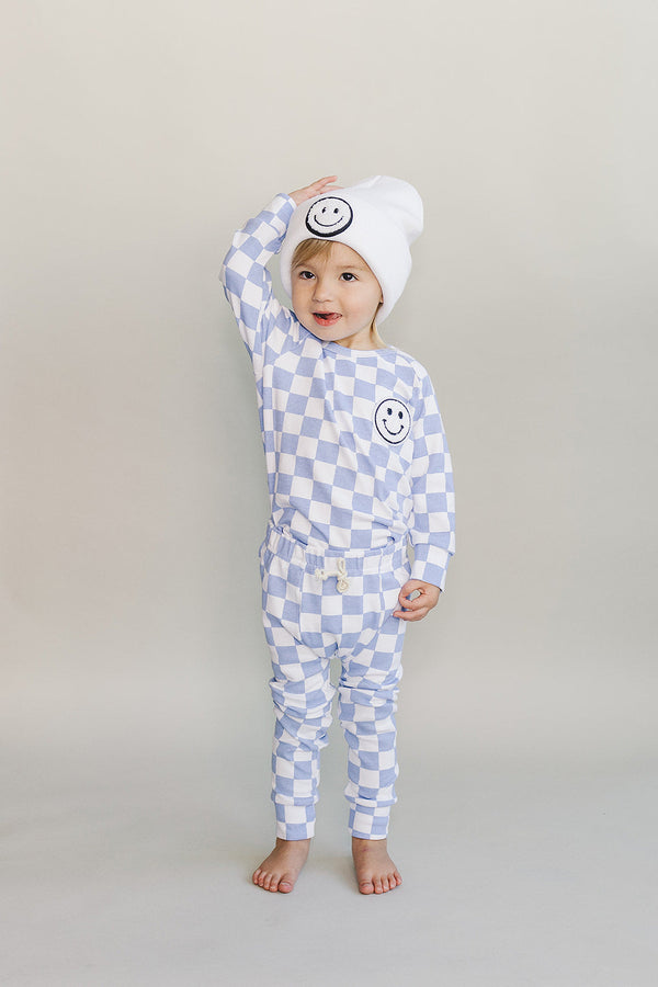 Checkered Smiley Lounge Set | Blue - MOOGCO Baby