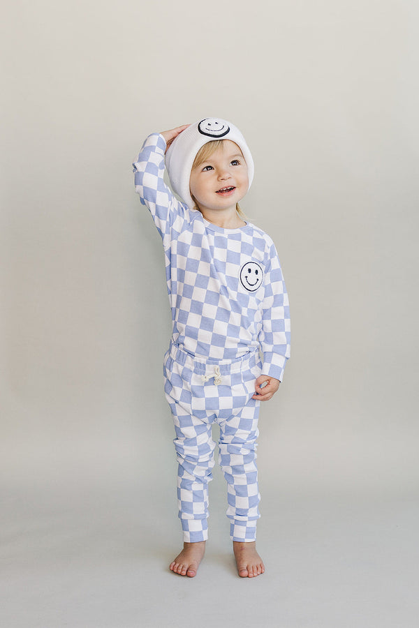 Checkered Smiley Lounge Set | Blue - MOOGCO Baby
