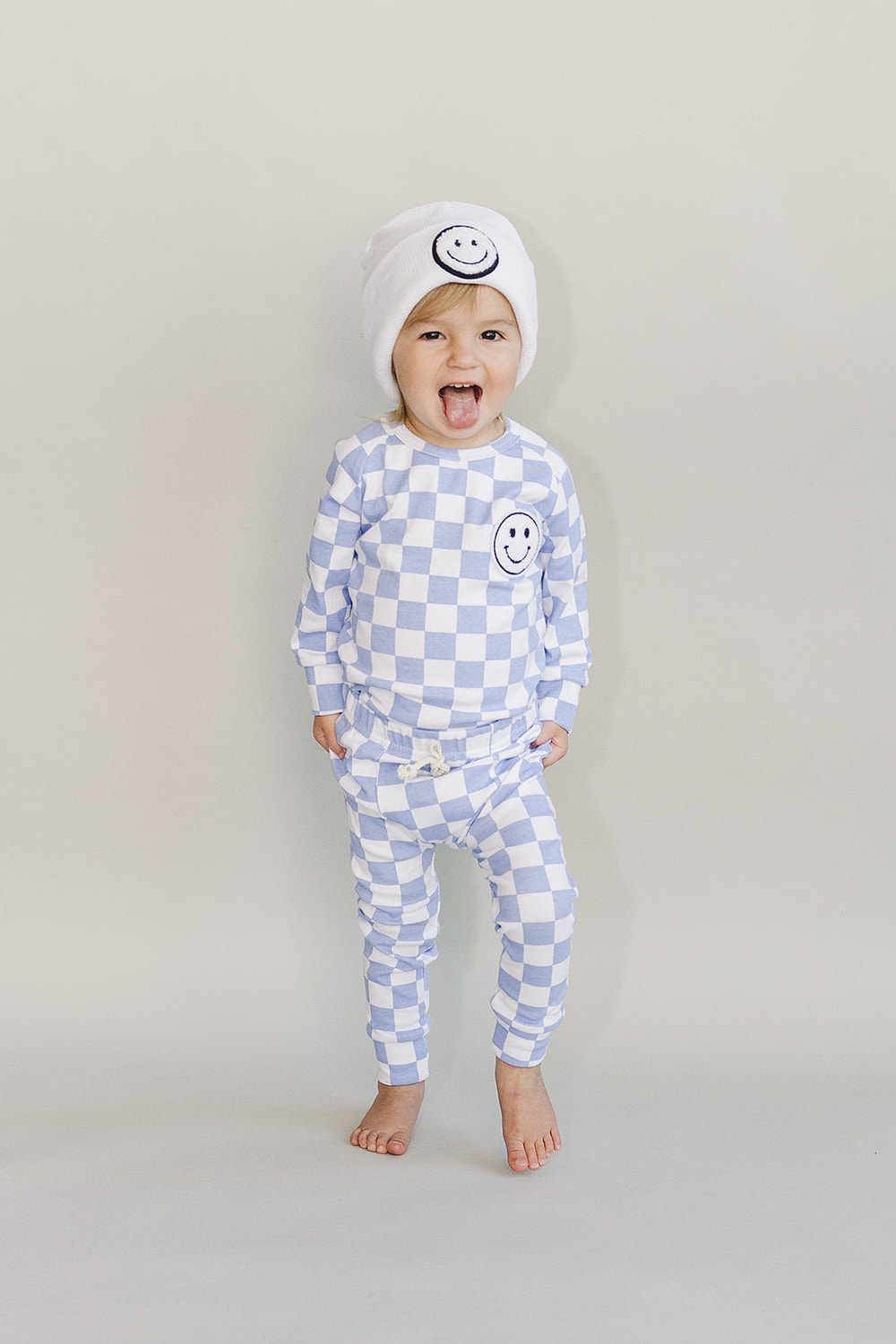 Checkered Smiley Lounge Set | Blue - MOOGCO Baby
