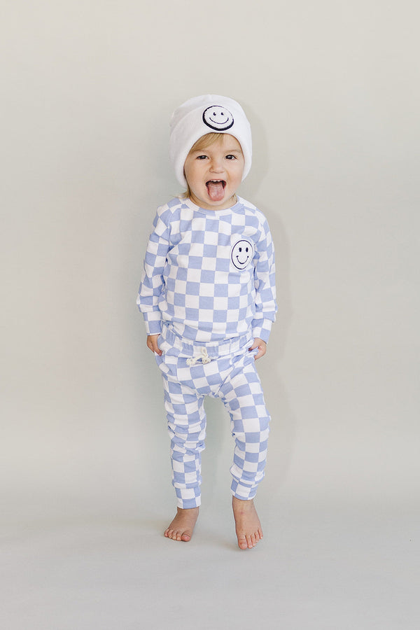 Checkered Smiley Lounge Set | Blue - MOOGCO Baby
