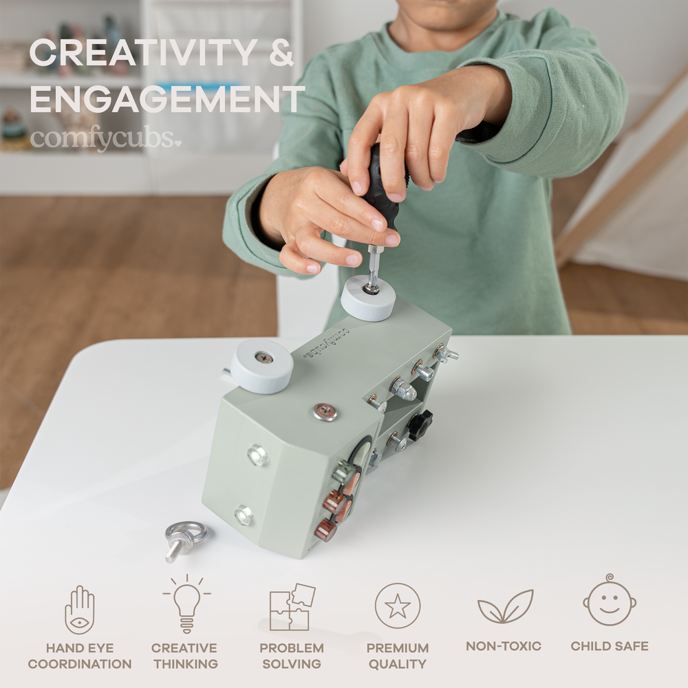 Sage Busy Board Toy Truck Set for 3+ years, perfect for early learning and sensory play.