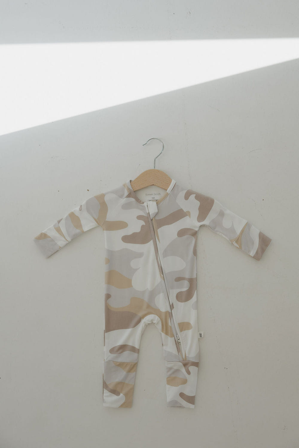 Bamboo Zip Pajamas in Camo 2.0 for babies, featuring soft fabric and easy zip design. Perfect for comfort and style.