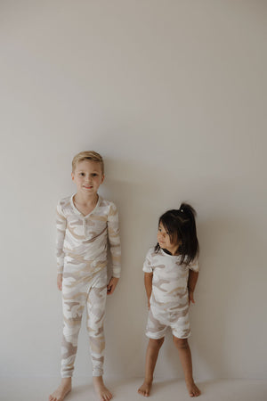 Bamboo Two Piece Pajamas in Camo 2.0 for babies, showcasing a stylish and comfortable design.