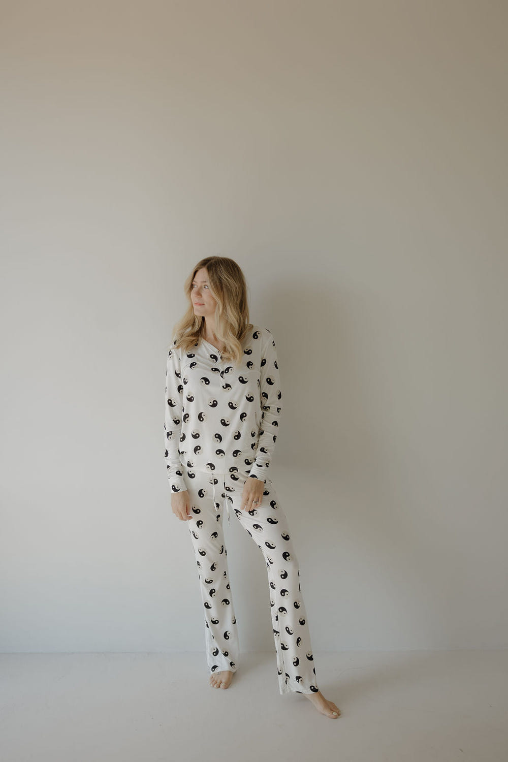 Women's long sleeve bamboo pajama in black and white yin yang design, perfect for comfortable sleepwear.