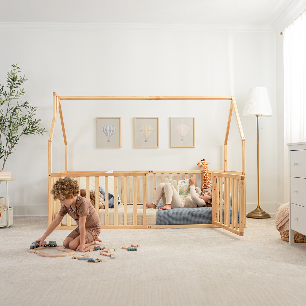 Kids House Gated Floor Bed Twin Size for Children Aged 5+, Natural Wood