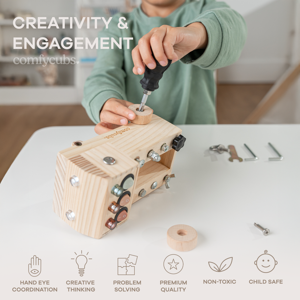 Natural wood busy board toy truck set for toddlers, promoting early learning and sensory play for ages 3 and up.