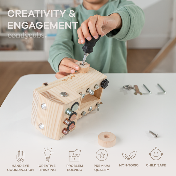 Busy Board Toy Truck Set for 3+ in Natural Wood