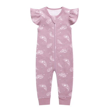 100% Organic Cotton Zip Footless Short Sleeve Pajamas in Ruffle Feather Mauve for babies. Soft and stylish sleepwear.