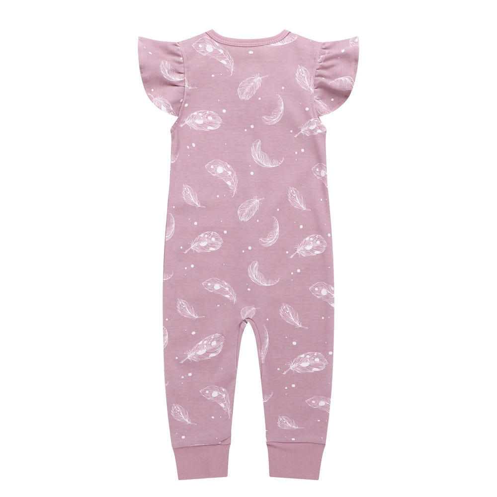 100% Organic Cotton Zip Footless Short Sleeve Pajamas in Ruffle Feather Mauve for babies. Soft and stylish sleepwear.