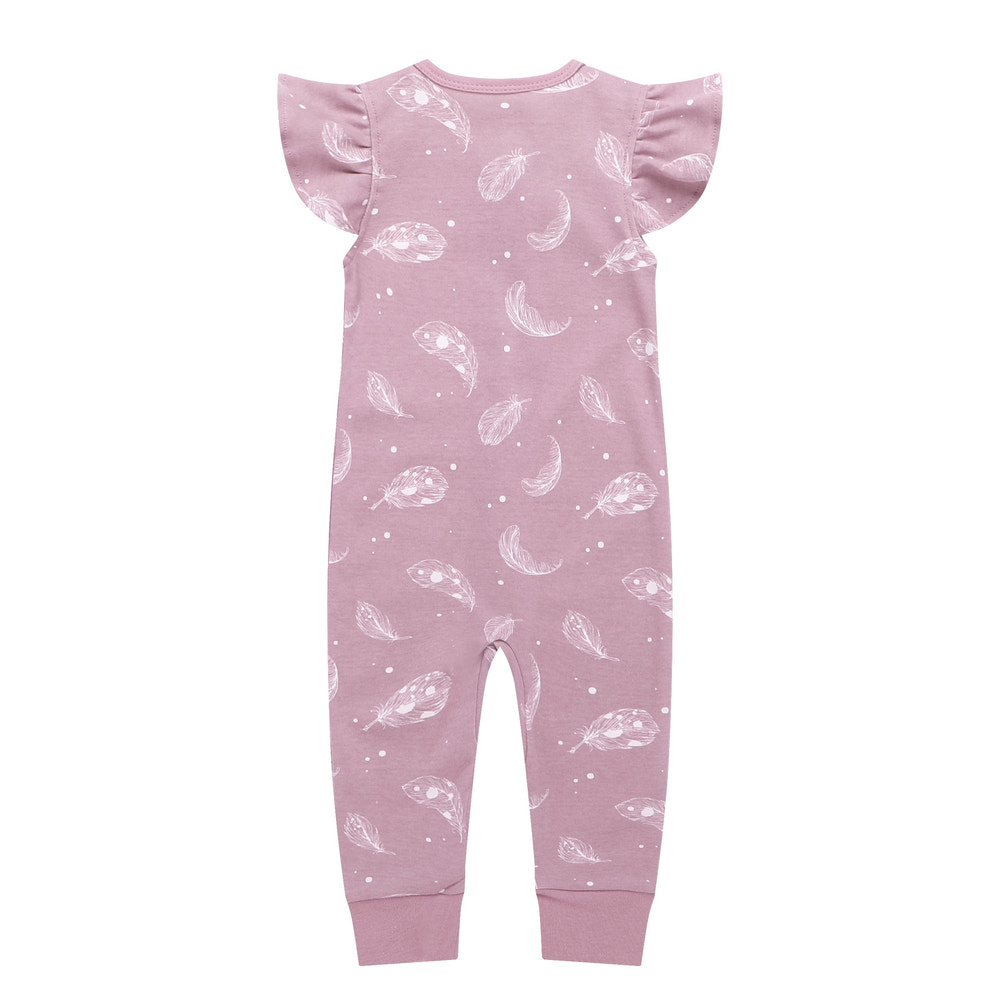 100% Organic Cotton Zip Footless Short Sleeve Pajamas - Ruffle Feather Mauve