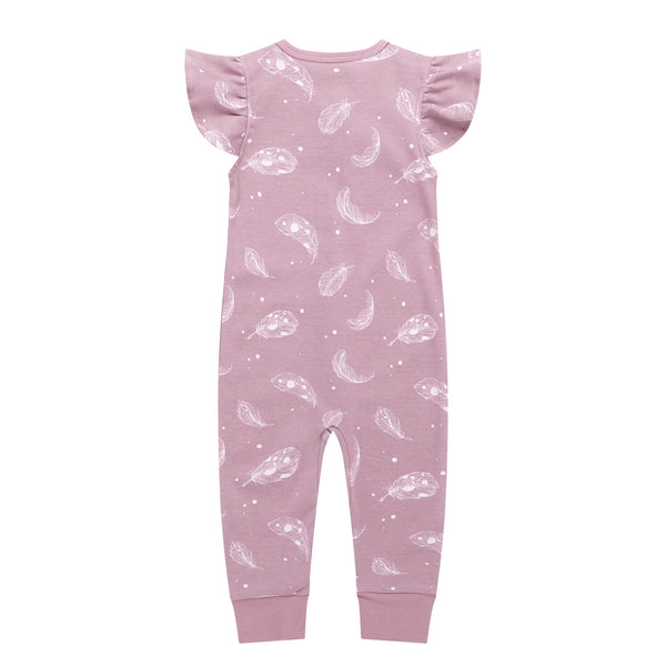 100% Organic Cotton Zip Footless Short Sleeve Pajamas - Ruffle Feather Mauve