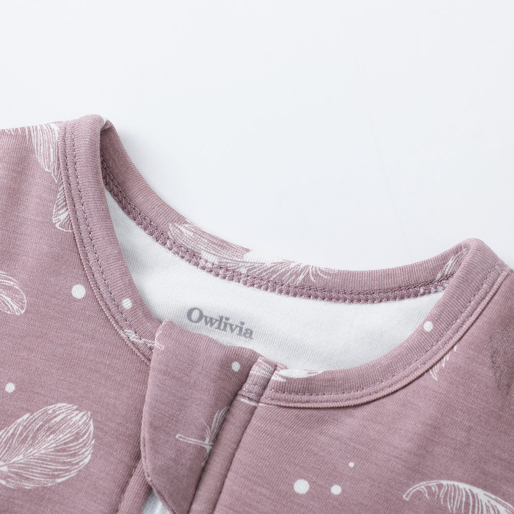 Owlivia Bamboo Rayon Baby Sleep Sack in Feather Mauve, unisex 1.0 TOG sleeping bag for comfortable sleep.
