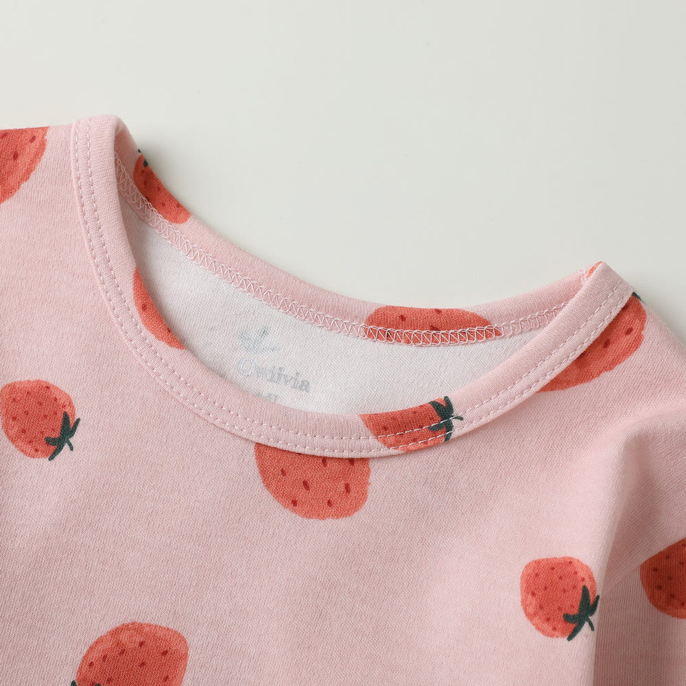 100% Organic Cotton Toddler 2 Piece Pajama Set in Pink Strawberry - Soft, comfy sleepsuit for kids.