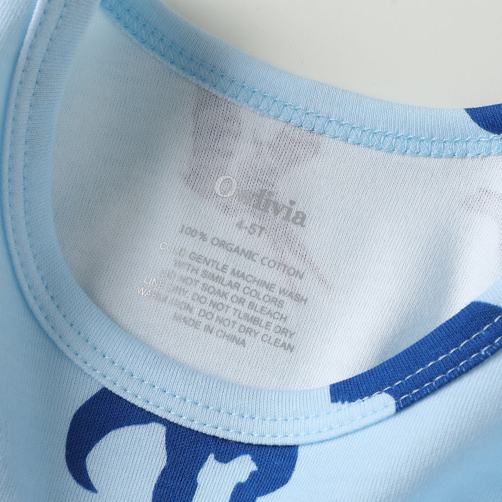 100% Organic Cotton Blue Dinosaur Toddler Pajama Set - Soft, comfy sleepsuit for kids.