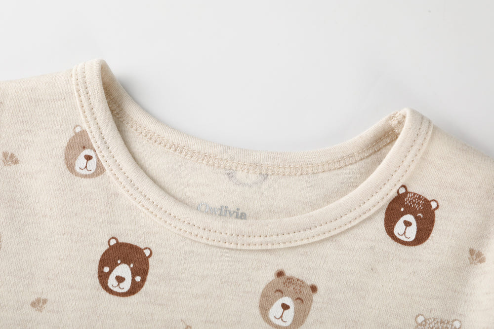 100% Organic Cotton Toddler 2 Piece Pajama Set featuring Mini Bears design for comfortable sleep.