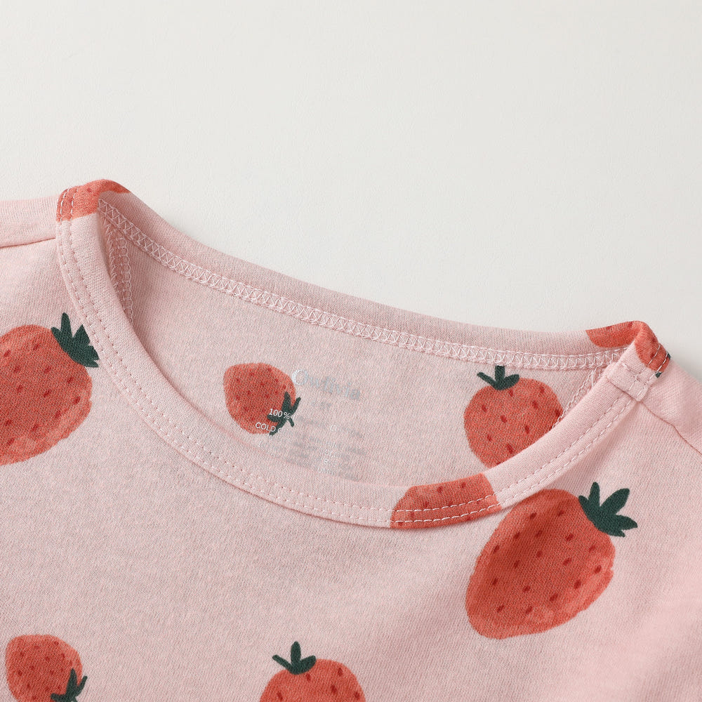 100% Organic Cotton Toddler Summer Pajama Set - Pink Strawberry, Short Sleeve, 2 Piece, Sleepsuits & Pyjamas.