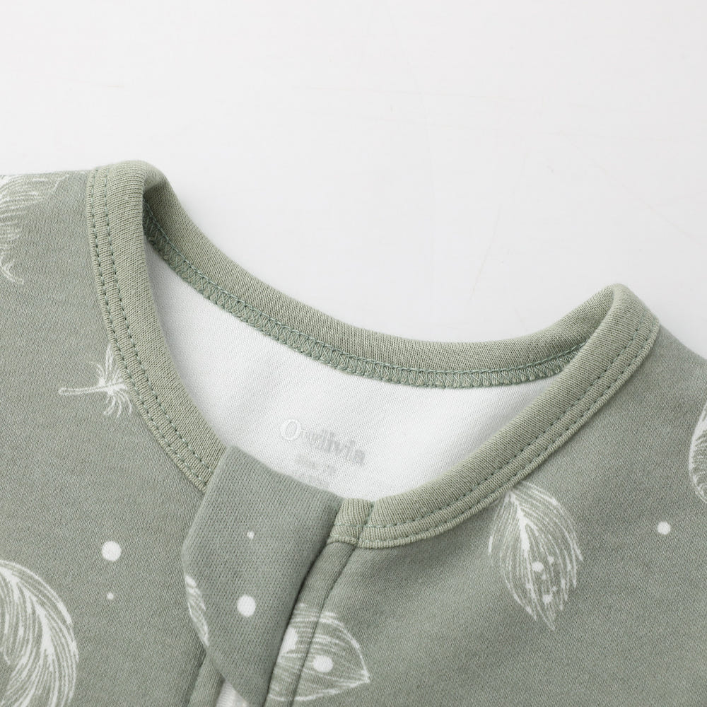 100% Organic Cotton Sleeveless Sleeping Bag with Legs in Green Feather for babies, 1.0 Tog Sleep Sack.