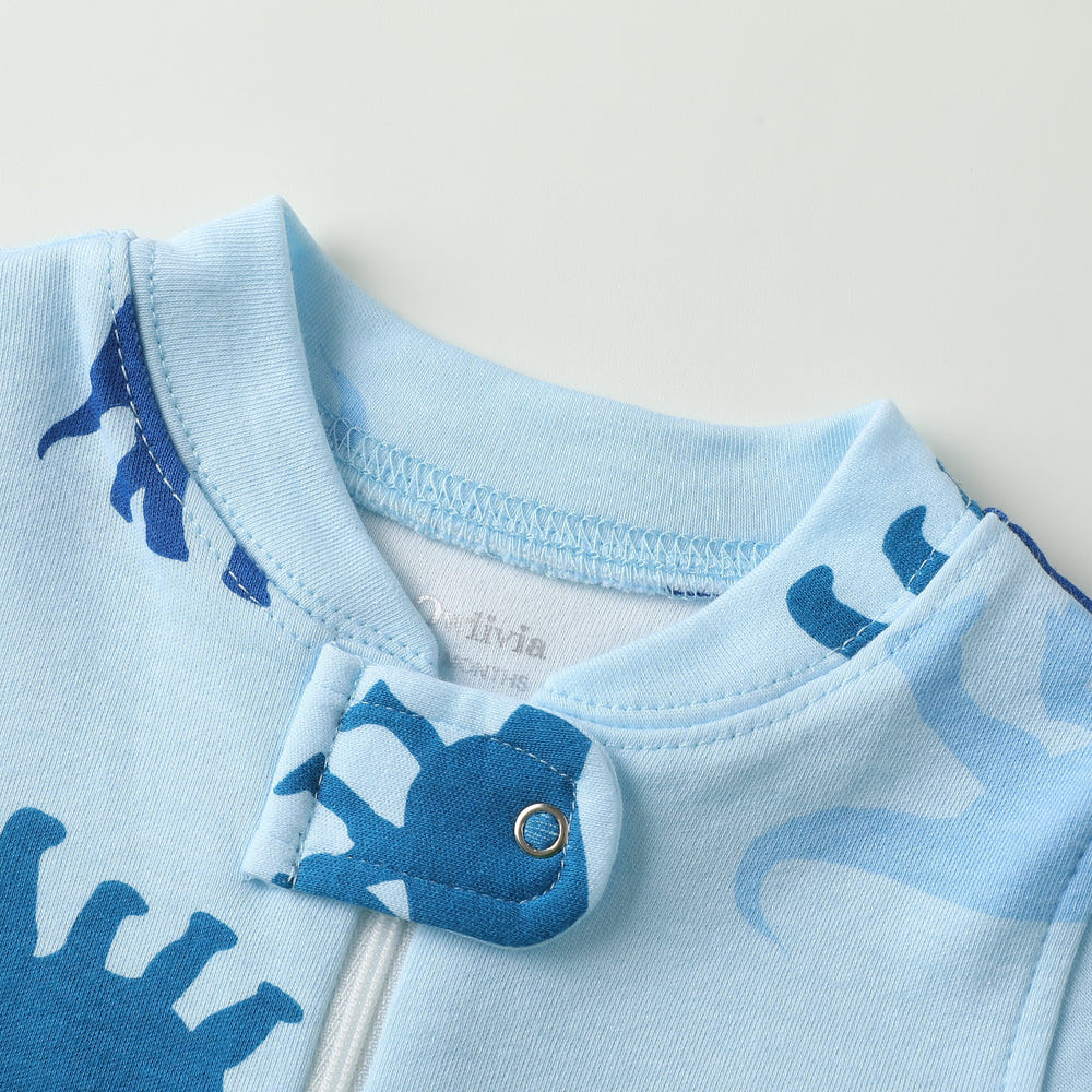 100% Organic Cotton Zip Footless Short Sleeve Pajamas in Blue Dinosaur & Tie Dye Dark Navy for babies.