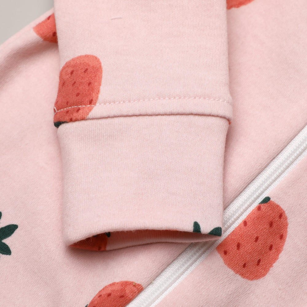 100% Cotton Footless Zip Pajamas 2 pack in Pink Strawberry & White for babies, soft and comfortable sleepwear.