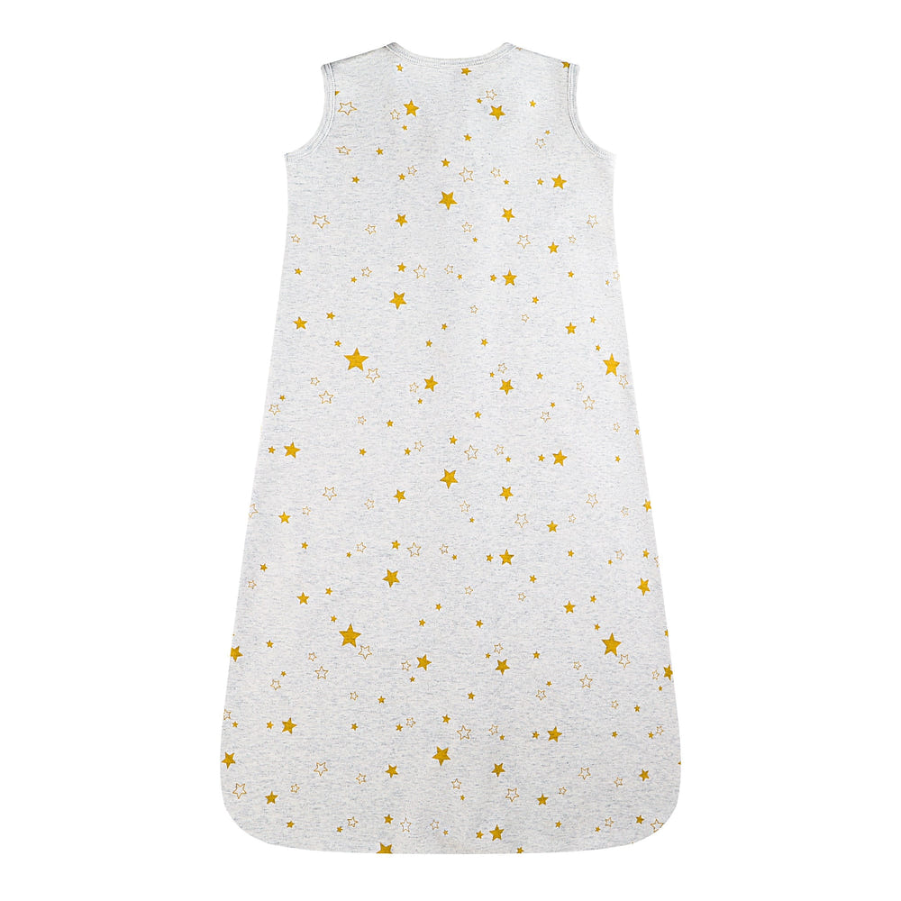 100% Organic Cotton 0.5tog Sleep Sack in Golden Star design for safe and comfortable baby sleep.