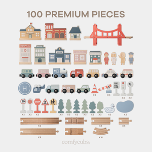 100-piece wooden train set for toddlers, showcasing colorful tracks and trains from angle 2. Perfect for ages 1+.