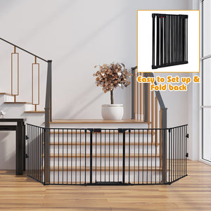 Adjustable 5-panel fireplace fence for pets, 115 inches long, shown from angle 6. Safe and stylish barrier solution.