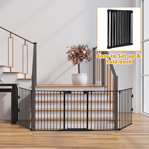 Adjustable 5-panel fireplace fence for pets, 115 inches long, shown from angle 6. Safe and stylish barrier solution.